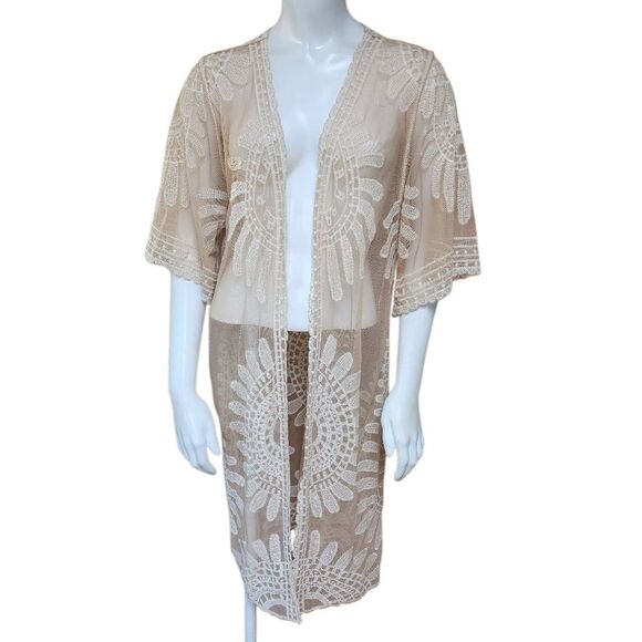 Rebellion Again Tan Sheer Embroidered Kimono (S) - Picture 2 of 5